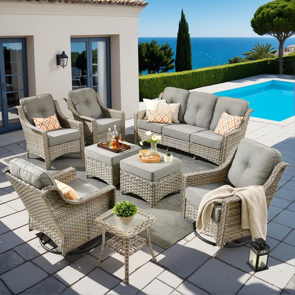 OVIOS Palffy Gray 8-Piece Wicker Patio Conversation Seating Set