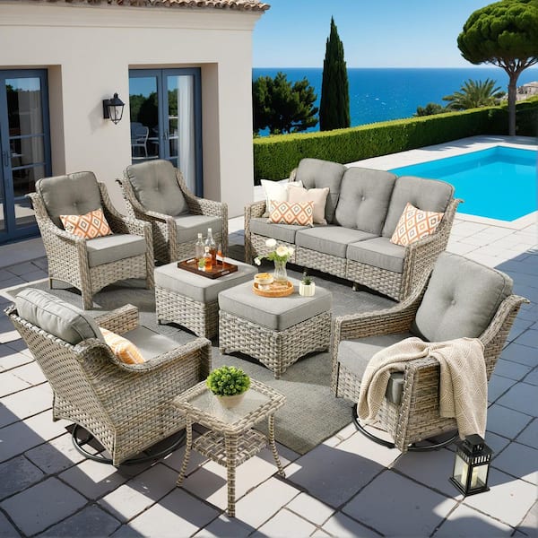 OVIOS Palffy Gray 8-Piece Wicker Patio Conversation Seating Set with Dark Gray Cushions and Swivel Rocking Chairs