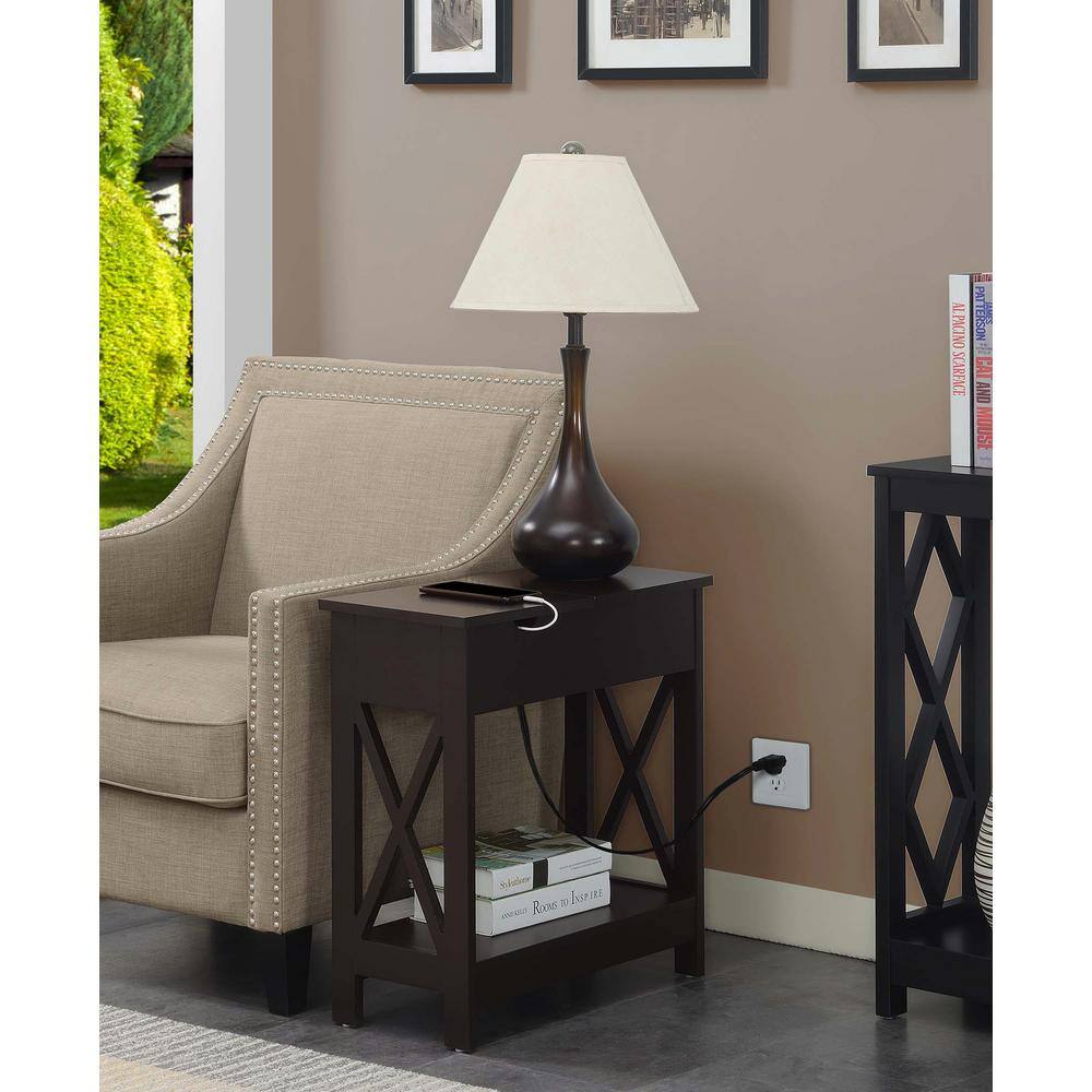 Espresso Wood End Table with Storage and Charging Station