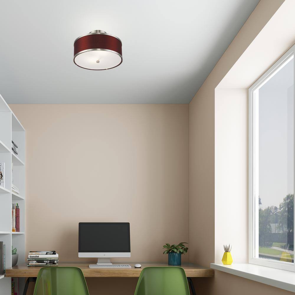 Brushed Nickel 2-Light Semi-Flush Mount with Red Wine Fabric Shade