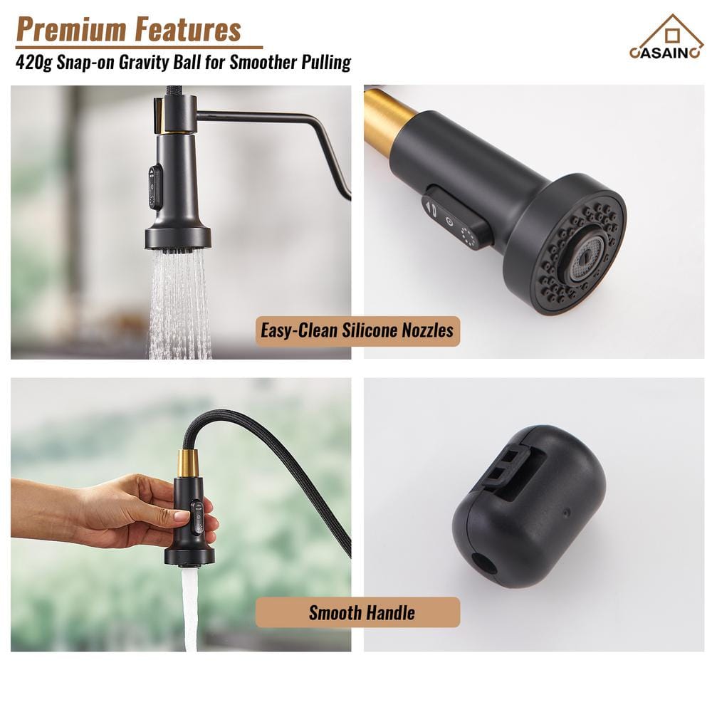 Matte Black and Brushed Gold Stainless Steel Pull-Down Kitchen Faucet