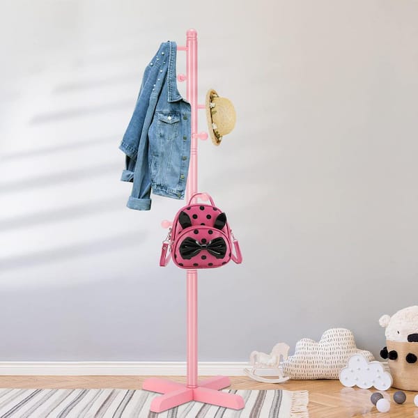 Freestanding Pink Pine Wood Coat Rack with 8-Hooks 2 Adjustable Height Umbrella Stand for Bedroom Office Hallway