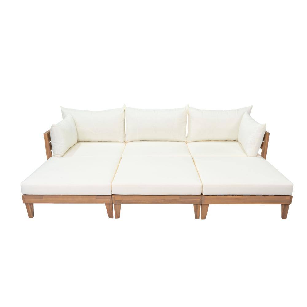 Acacia Wood Outdoor Large Daybed, 6-Piece Patio Sofa Set with 5 Pillows and 6 Beige Cushions or Backyard, Poolside