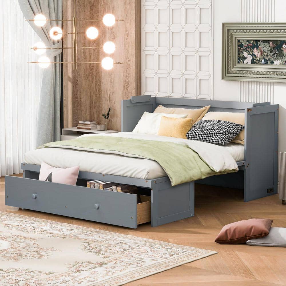Qualler Gray Wood Frame Queen Size Murphy Bed with USB Port and Drawer ...