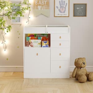 White 5-Drawers 33.5 in. Width Changing Table, Dresser, Kids Low Dresser with Shelf