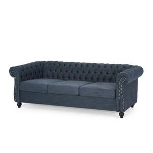 Augus 84.75 in. Wide Navy Blue and Dark Brown 3-Seat Flared Arm Fabric Straight Tufted Sofa