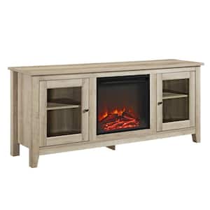 Traditional 58 in. White Oak TV Stand fits TV up to 65 in. with Glass Doors and Electric Fireplace
