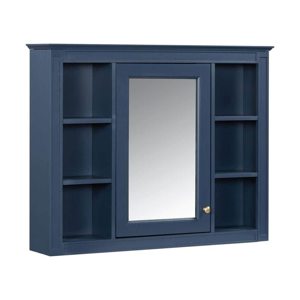 Modern 35 in. W x 27.5 in. H Rectangular Blue Wall Surface Mounted Storage Medicine Cabinet with Mirror, Open Shelves price history on PriceWatchPro