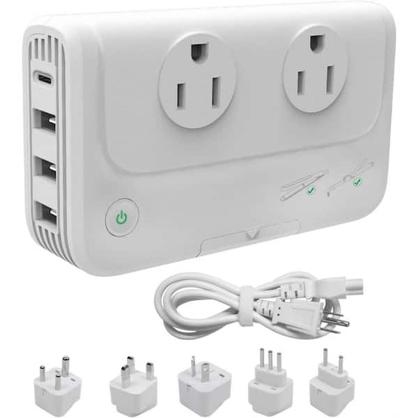 EKIEUDL 2.4 Amp Grounded Travel Adapter with 220-Volt to 110-Volt Power Voltage Converter in White