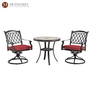 3-Piece Cast Aluminum Outdoor Dining Set with Round Tile-Top Table Diamond-Mesh Backrest Swivel Chairs & Red Cushions