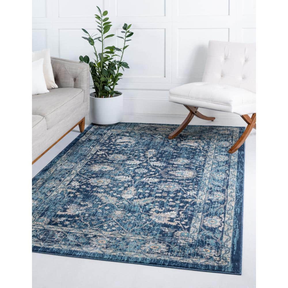 Navy Blue and Beige 6' x 9' Synthetic Stain-Resistant Area Rug