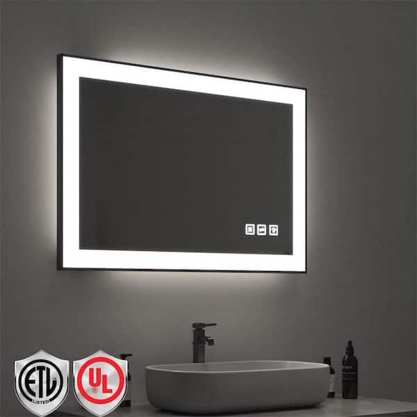 36 in. W x 24 in. H Rectangular Framed LED Anti-Fog Wall Mirror in Black with Backlit and Front Light