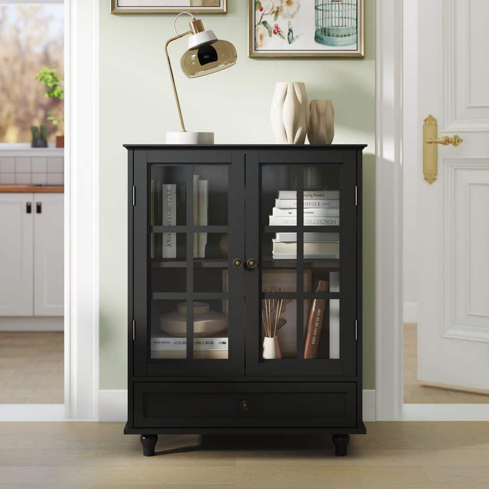 36.22 in. H Black Buffet Cabinet Kitchen Pantry Cabinet with Double Glass Doors and Drawer