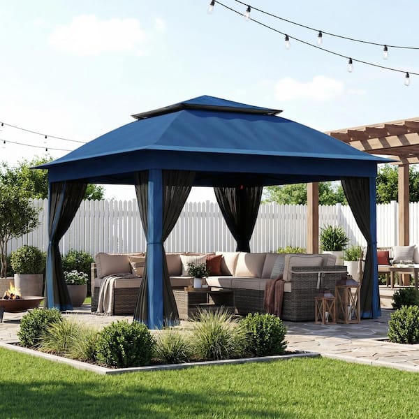 Dark Blue Steel Portable Pop-Up Gazebo with Mosquito Netting 11 ft. x 11 ft. . .