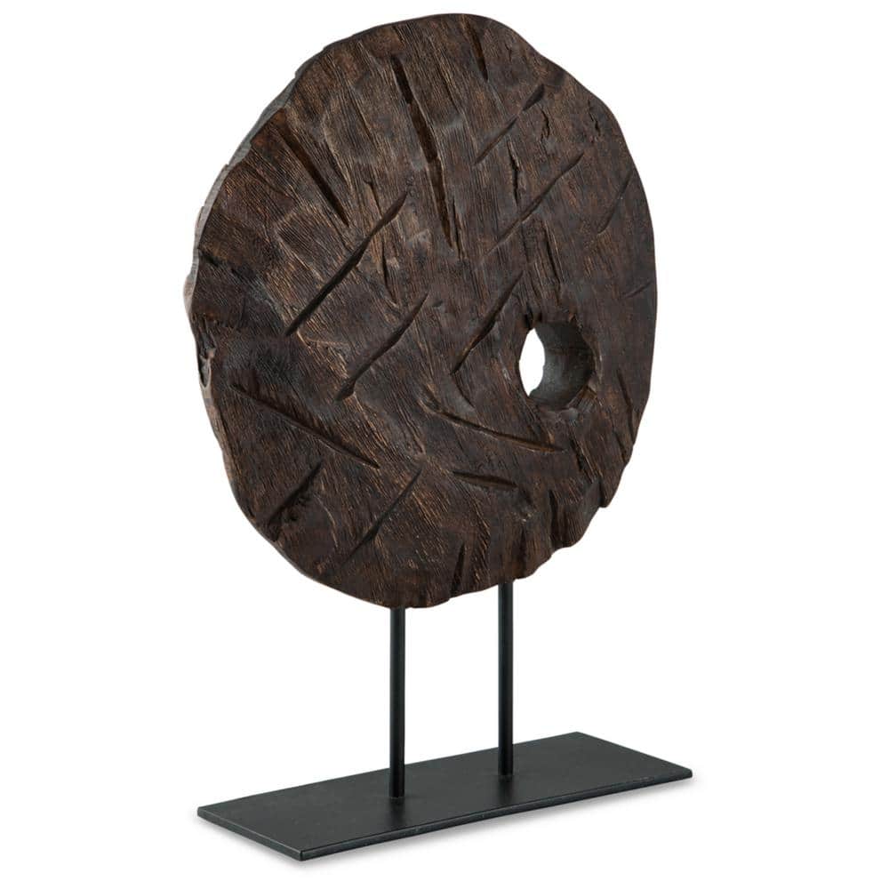 Antiqued Brown Wood Sculpture with Black Metal Base