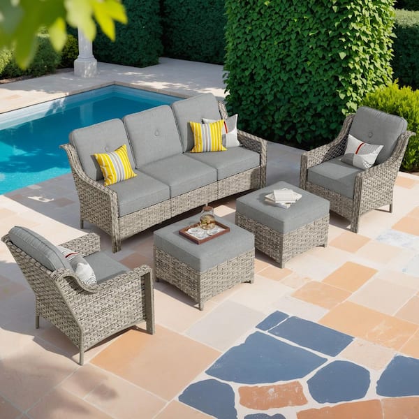 Eureka Grey 5-Piece Wicker Modern Outdoor Patio Conversation Sofa Seating Set with Dark Grey Cushions