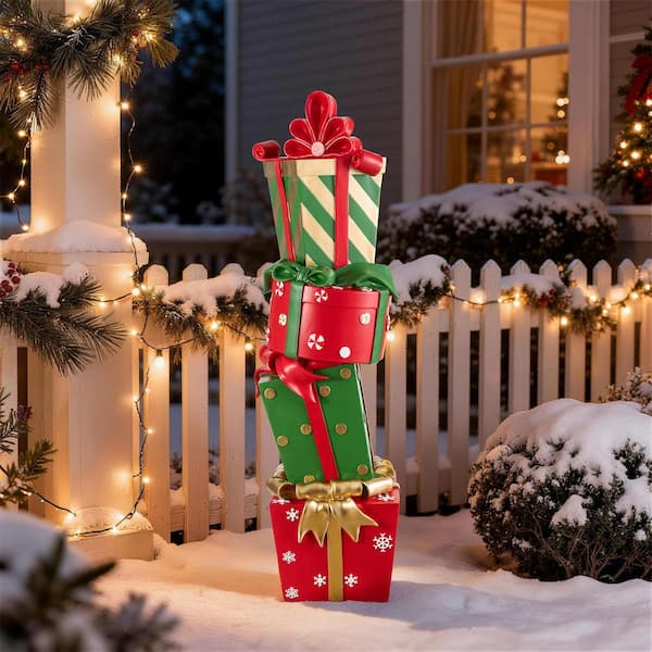 Glitzhome 30.25 in. H Christmas Polyresin Stacked Gift Boxes Porch