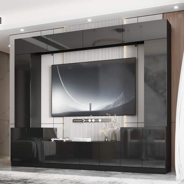 FUFU&GAGA High Gloss Black Wood Entertainment Center Media Console TV Stand with Door Cabinets, Bookshelves for TVs Up to 73 in.