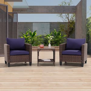 3-Piece Brown Wicker Patio Bistro Set Outdoor Single Sofa Set with Side Table for Outdoor Lawn, Navy Blue Cushions