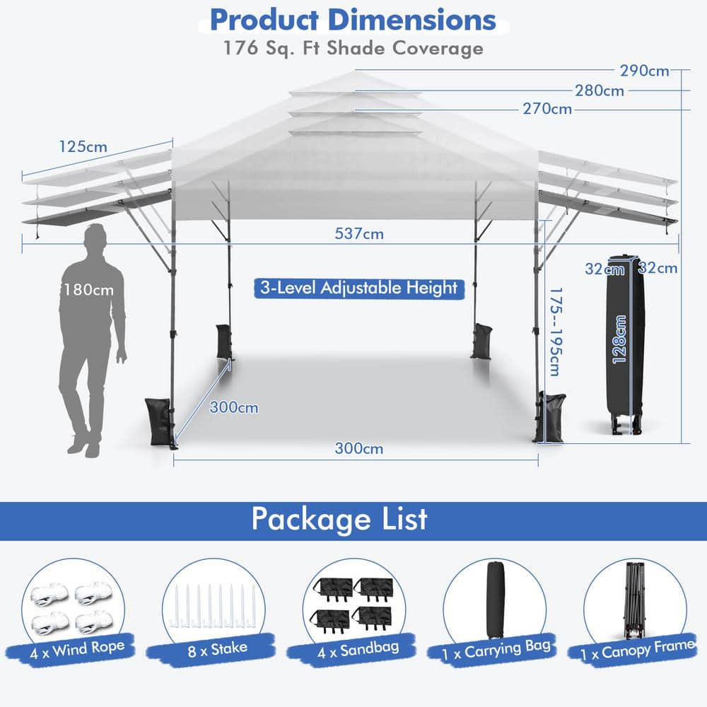 White 10' x 17.6' Outdoor Pop-Up Canopy Tent with Dual Awnings