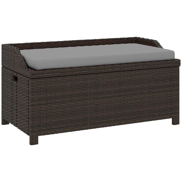 Weather-Resistant Wicker Outdoor Storage Bench, Portable Patio Bench with 34 Gallon Storage Box, Removable Gray Cushion