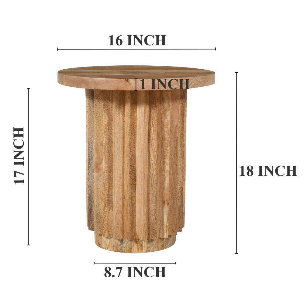 Natural Brown Mango Wood Round End Table with Reeded Base