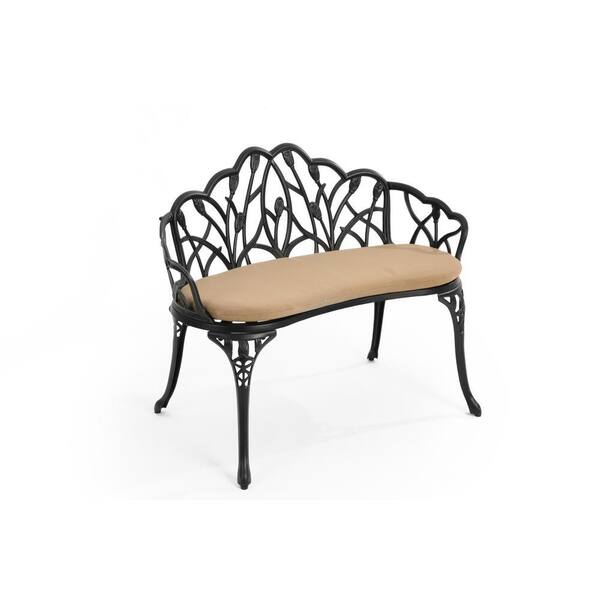 2-Person Tulip Carving Black Cast Aluminum Outdoor Bench with Removable Brown Cushion