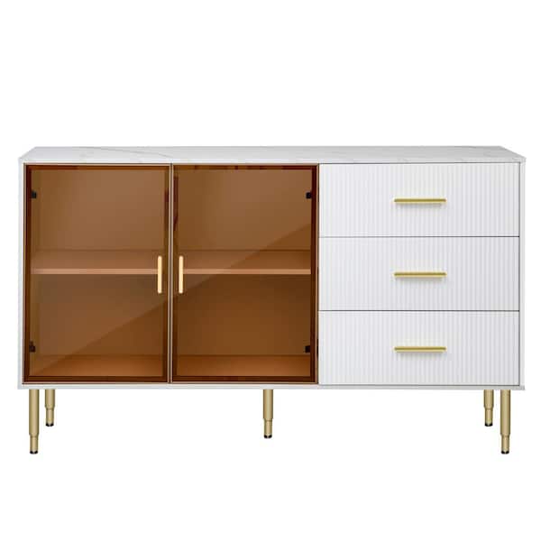 Unbranded Modern White Wood 60 in. Sideboard Marble Sticker Tabletop and Amber Tempered Glass Doors with Gold Metal Legs Handles