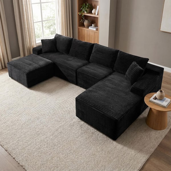 135.4 in. 5-Seater Square Arms Corduroy Modular Compressed Sectional Sofa with Ottoman and Chaise in Black