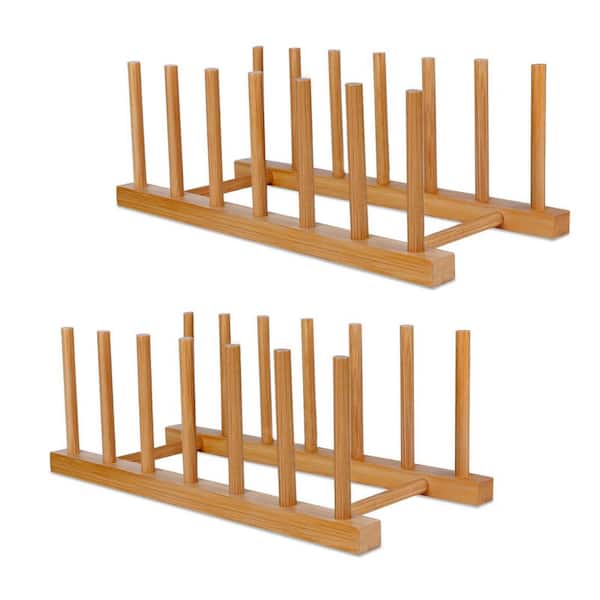 2-Piece Bamboo Wooden Dish Racks Plate Stand Holder for Dish, Pots, Lids, Bowls, Cups, and Cutting Boards