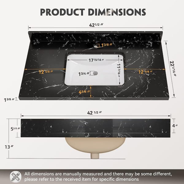 42 in. W x 22 in. D Engineered Stone Marble Rectangular Single Sink Bathroom Vanity Top w/ Backsplash and Basin in Black