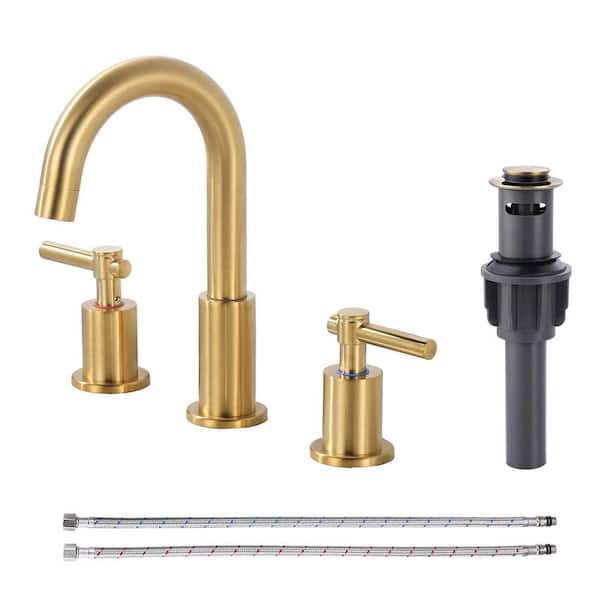 VEVETTA 8 in. Widespread Stainless Steel Double Handle Bathroom Faucet with Pop-up Drain and Supply Hoses in Brushed Gold