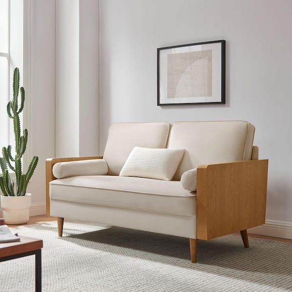 MODWAY Kellan 87 in. W Square Arm Vegan Leather Velvet Rectangle Sofa in. Walnut Almond