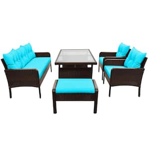 Rouela 6-Piece Wicker Rectangle Standard Height Outdoor Dining Set with Blue Cushions