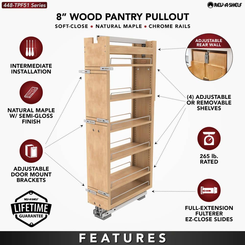 Light Brown Maple Tall Cabinet Pullout Pantry Organizer with Soft-Close