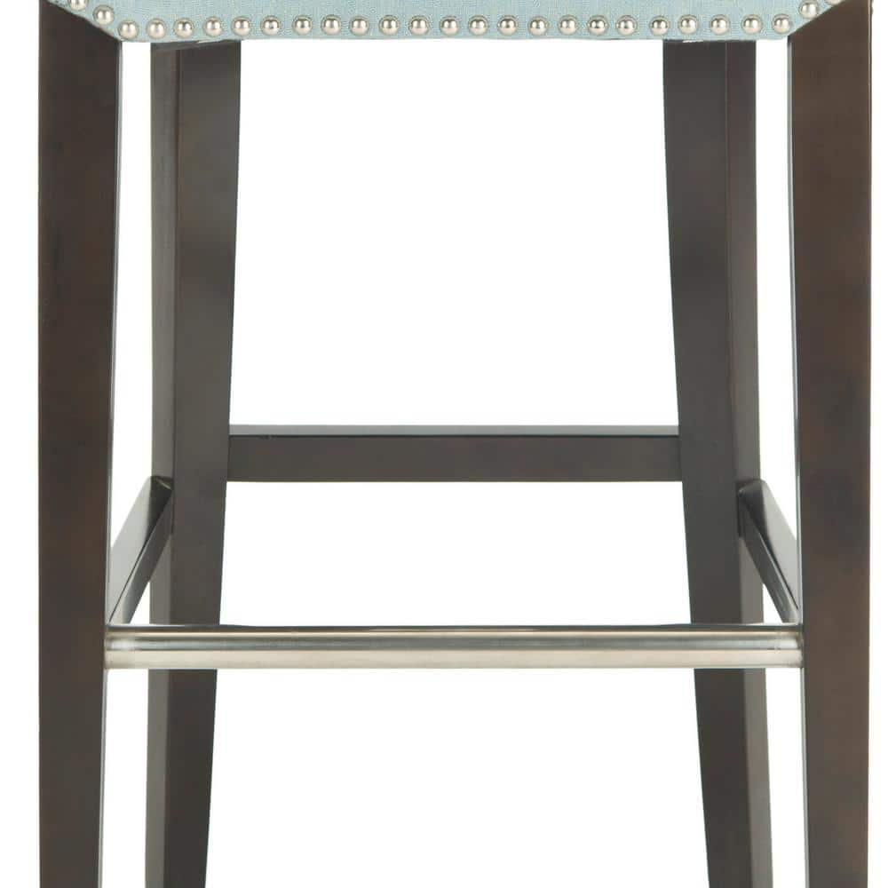 Transitional Sky Blue Leather & Wood Bar Stool with Metal Accents