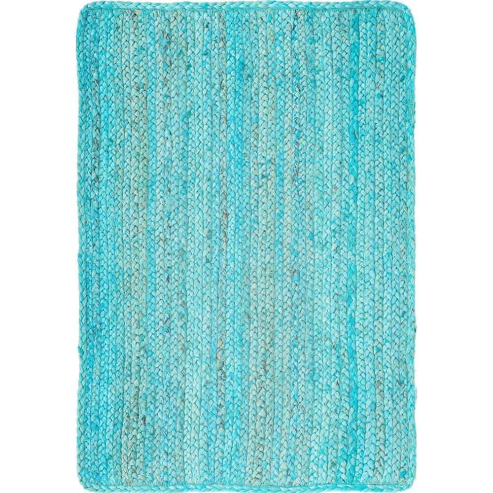 Unique Loom Braided Jute Dhaka Turquoise 2 ft. x 3 ft. 1 in. Area Rug