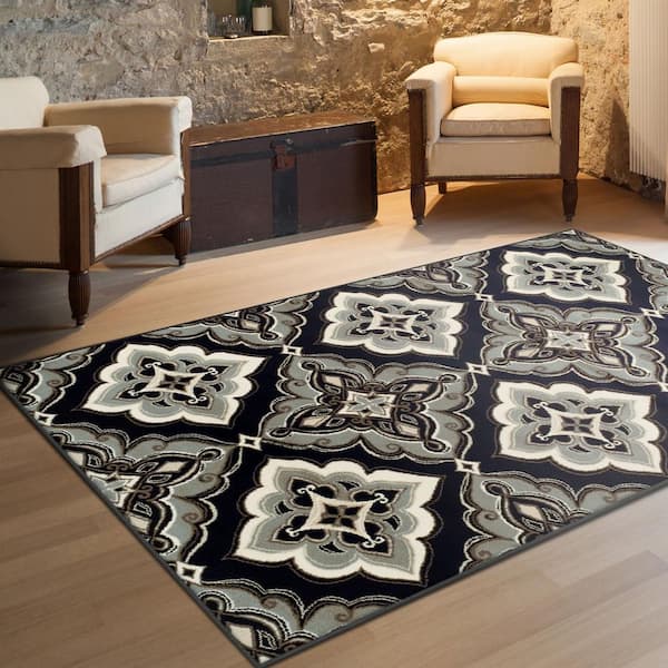 Craw Black 8' x 10' Rectangle Floral, Medallion, Ornamental Polypropylene Area Rug