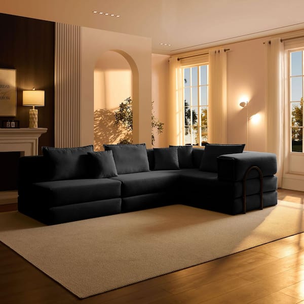 118.2 in. Corduroy Fabric Upholstered L Shaped DIY Combination Sectional Sofa in. Black