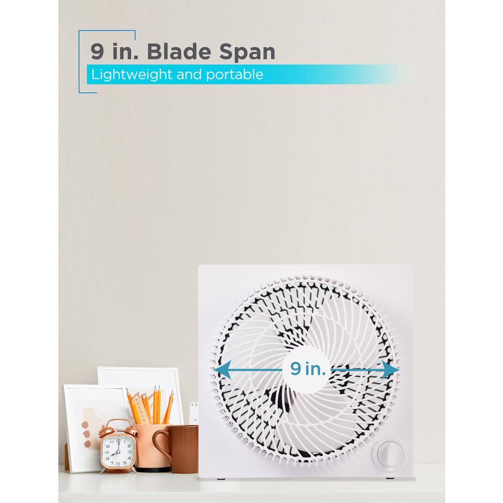 Sleek Frameless 9" White Box Fan with Remote Control, 3-Speed