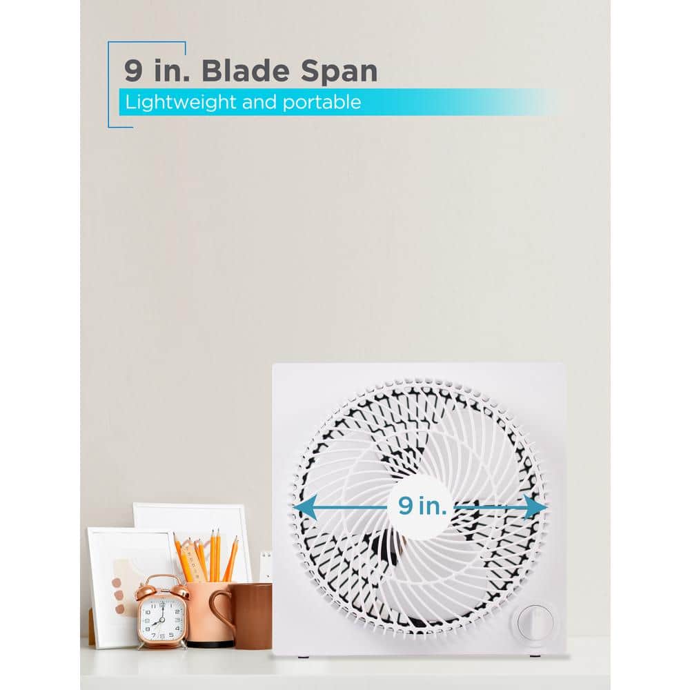 Sleek Frameless 9" White Box Fan with Remote Control, 3-Speed