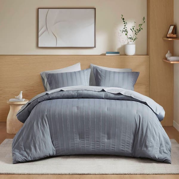 Logan 7-Piece Blue/Grey Polyester King Woven Striped Comforter Set