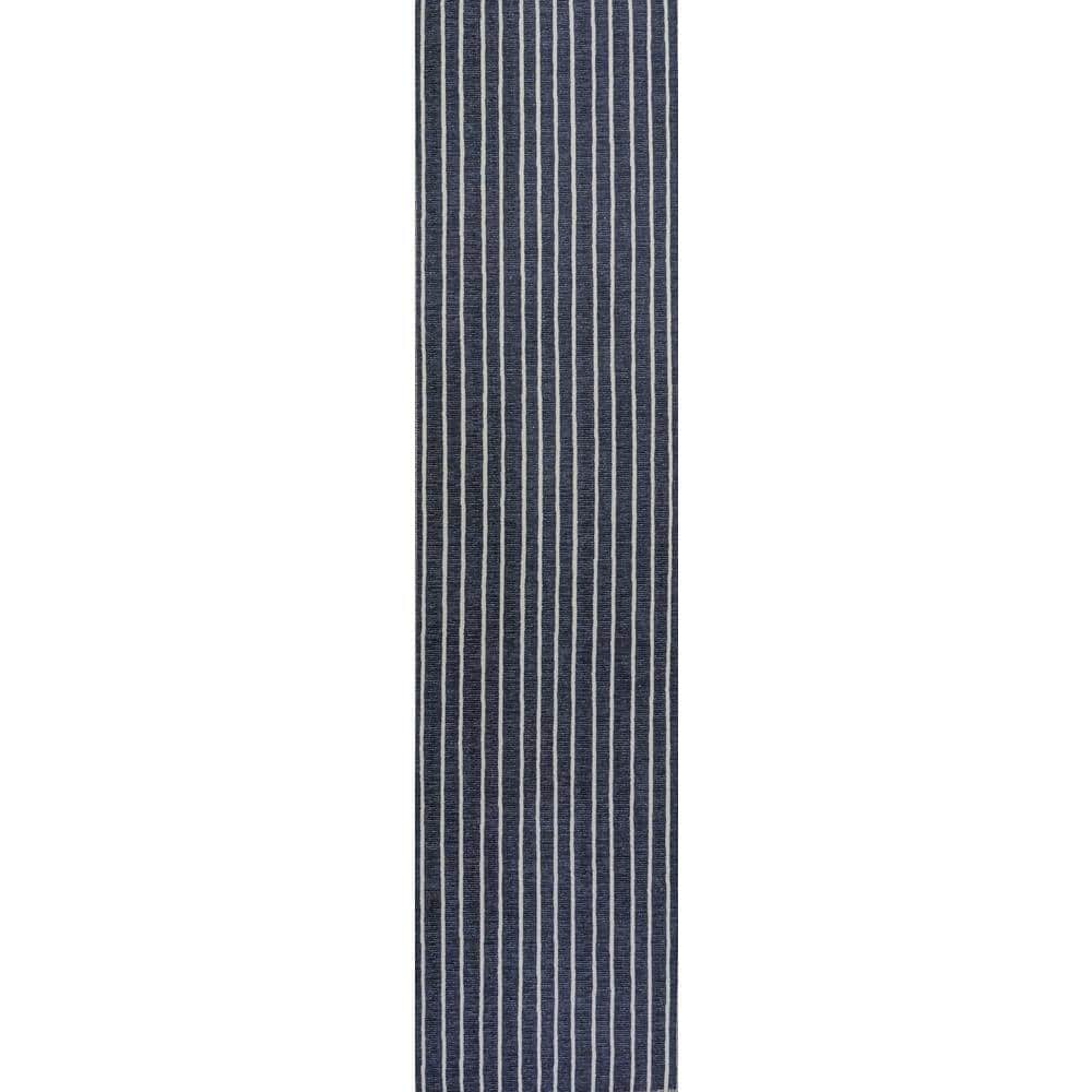 Gray and Navy Striped Machine-Washable Runner Rug