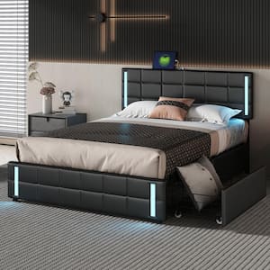 Black Wood Frame Queen Size Faux Leather Platform Bed with Adjustable Headboard, LED Lights, USB Chargers and 4 Drawers