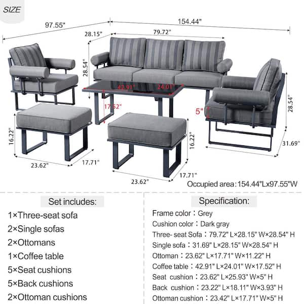 HOOOWOOO Teton Grand Gray 6-Piece Aluminum Outdoor Patio Conversation Sofa  Set with Stripe Gray Cushions BM216GS - The Home Depot