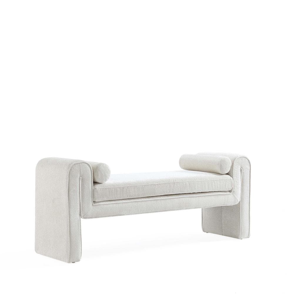 Ivory Chenille Upholstered Bench with Cylinder Pillows, 59"