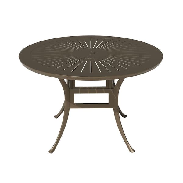 Mondawe 48 in. W Brown Cast Aluminum Outdoor Patio Round Dining Table with Retro Table Top and Umbrella Hole