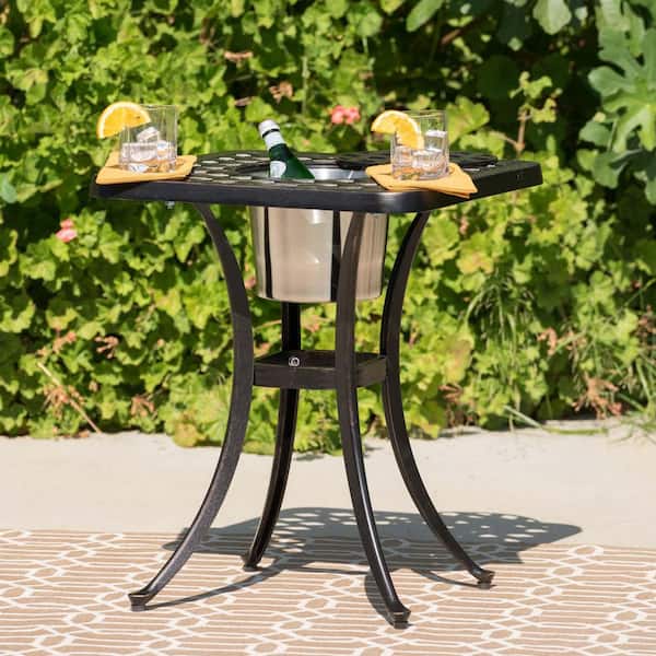 Unbranded 21 in. Black Cast Aluminum Outdoor Square Bistro Table Patio Dining Table with Ice Bucket