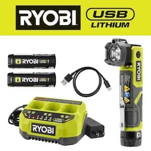 USB Lithium Pivoting 625 Lumens Head Flashlight Kit with 2Ah Battery, Charging Cable, 3Ah Battery, & 3-Port Charger