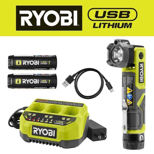 USB Lithium Pivoting 625 Lumens Head Flashlight Kit with 2Ah Battery, Charging Cable, 3Ah Battery, & 3-Port Charger